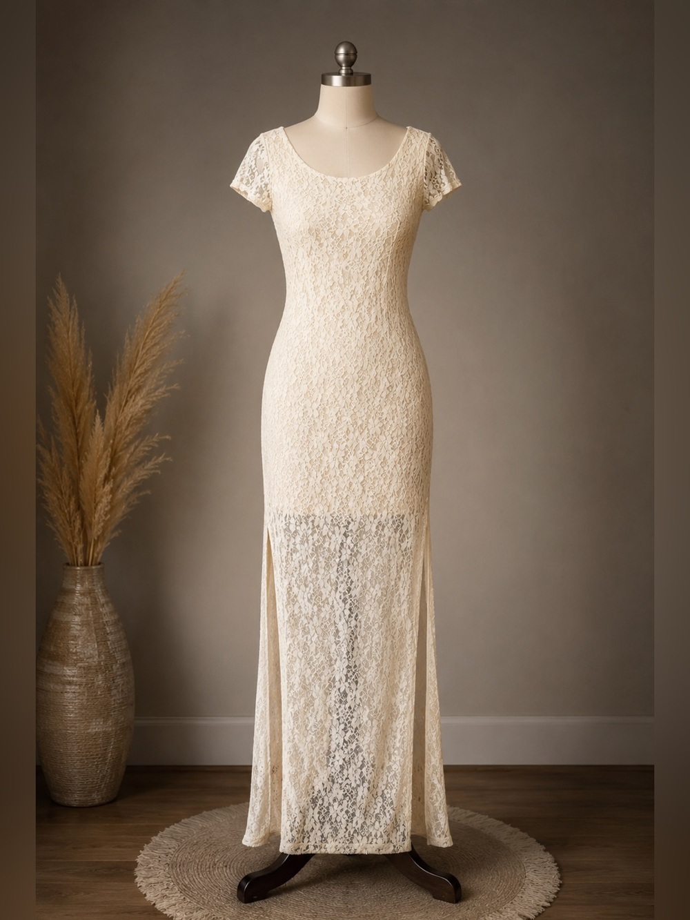 NWT XHILARATION Lace Maxi Dress SIZE XS Ivory Side Slits Partial Lining